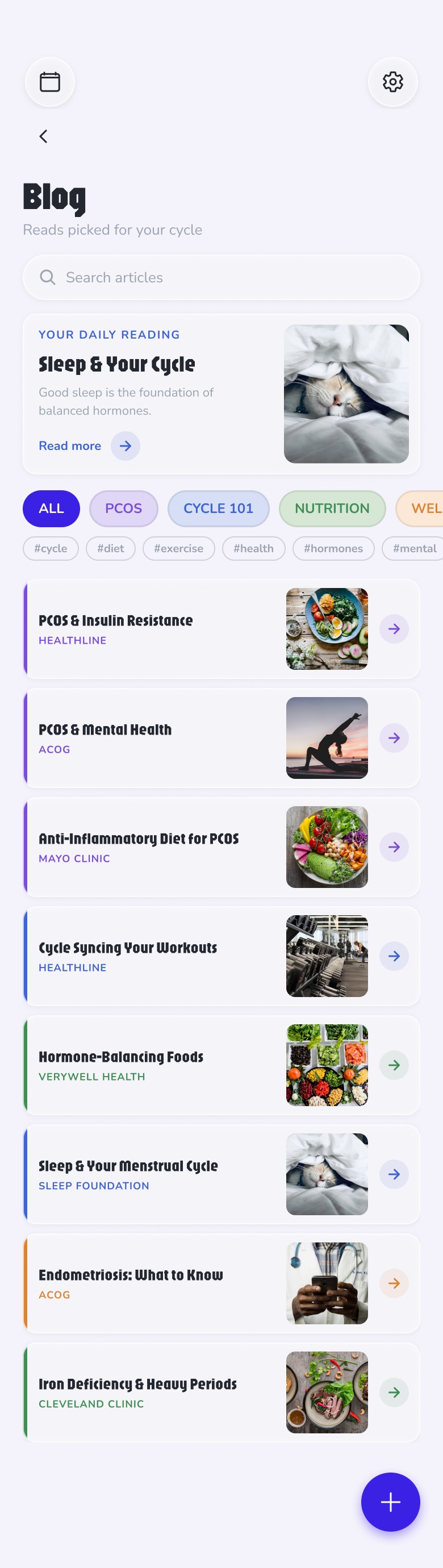 Blog screen — search, featured daily read, category chips and article list with photography