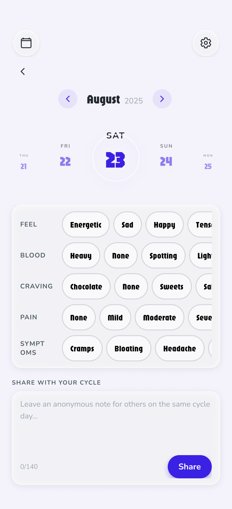 Daily log screen — arc date picker with selected day in a glass ring, five quick-log pill rows, anonymous share card