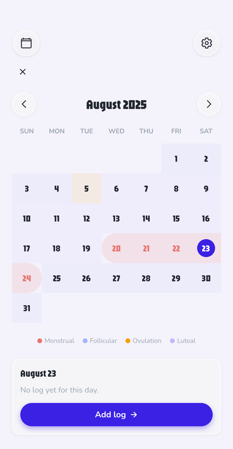 Monthly calendar — predicted period shown as soft coral band across days 20 to 24, phase-tinted cells, legend, selected day panel with Add log button