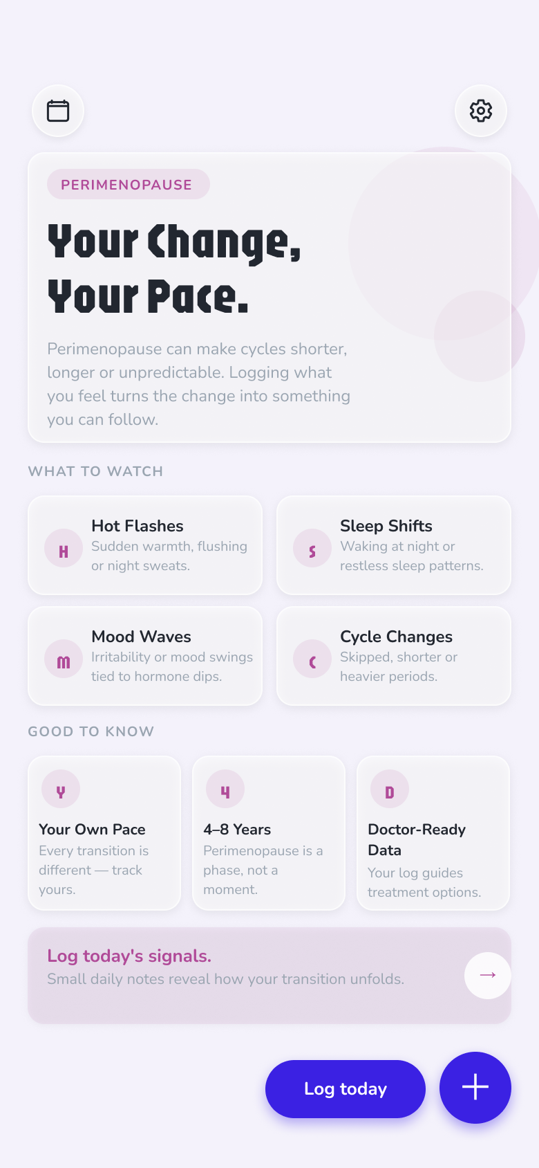 Perimenopause mode home — transition-focused guidance and symptom tracking without regularity judgement