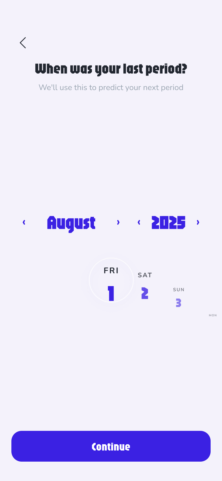 Onboarding — When was your last period? Month, year and arc day picker