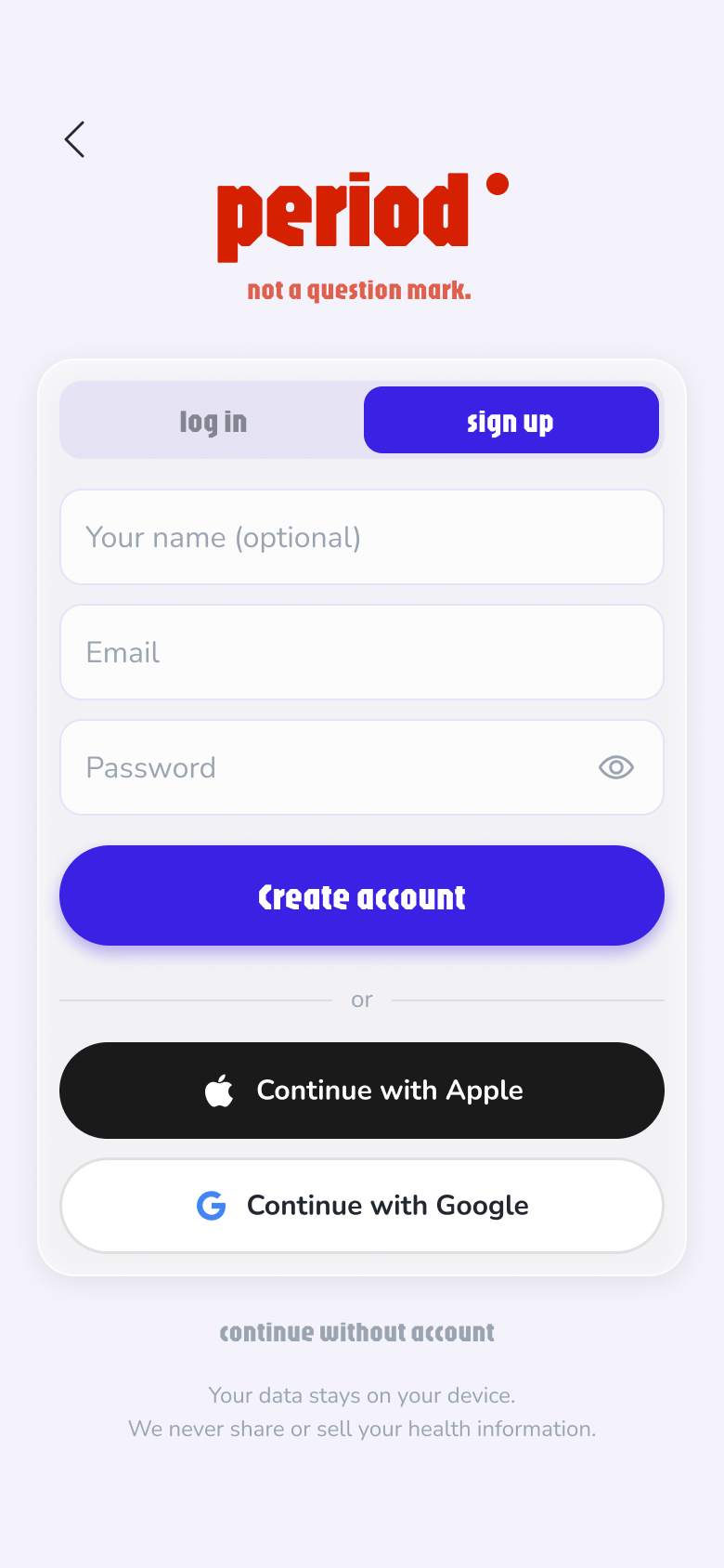 Onboarding — sign up card with Apple and Google options and continue without account link