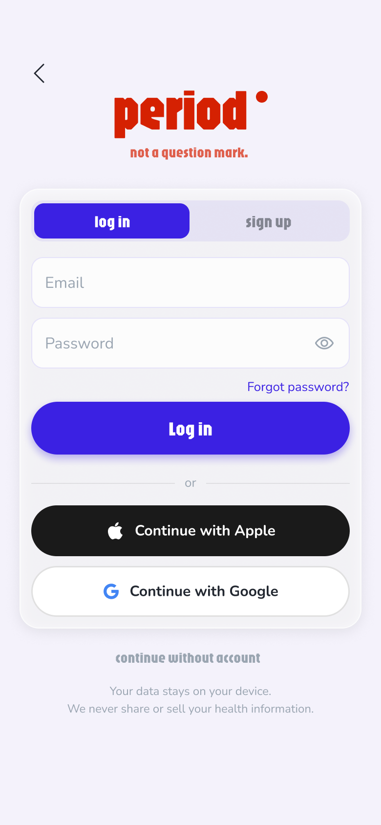 Onboarding — log in variant of the auth card