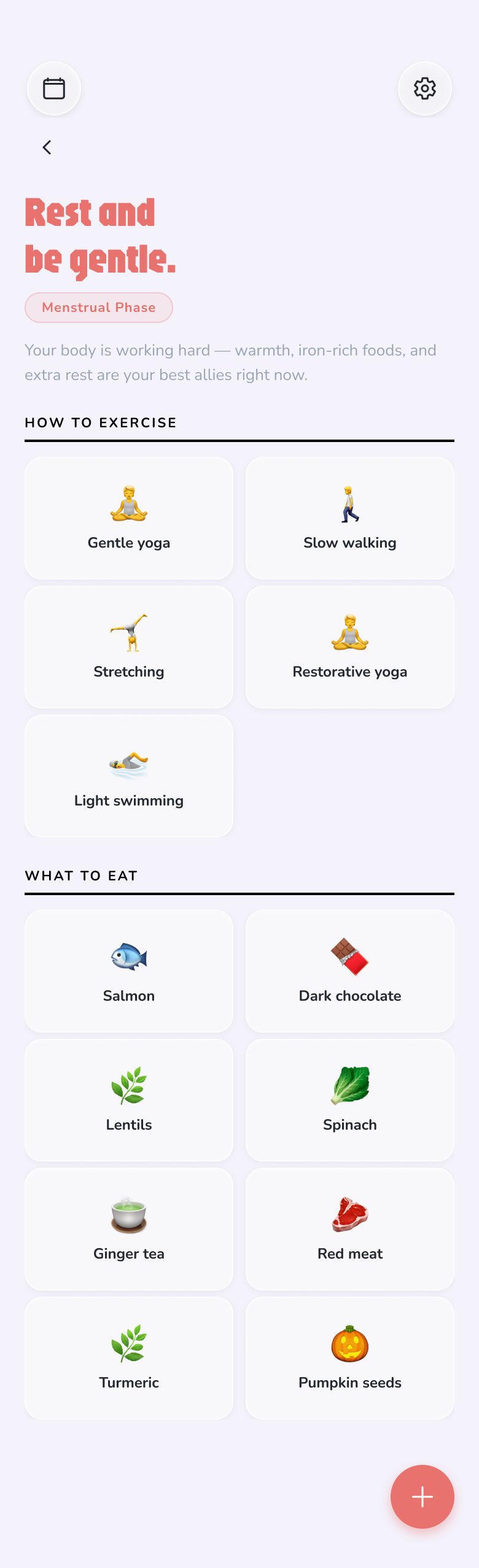 Suggestions screen — phase-specific guidance with exercise and food cards for the menstrual phase